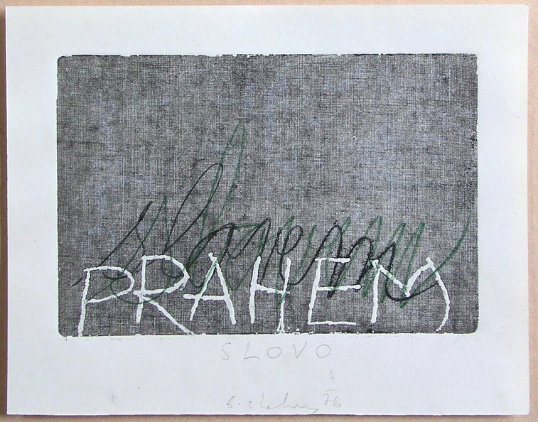 1976, 120×180 mm, reliefní tisk, barva, tužka, papír, Prahem, sig.