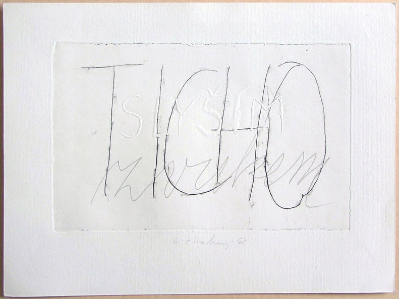 1976, 140×210 mm, reliefní tisk, tužka, papír, Slyším, sig., soukr.sb.12