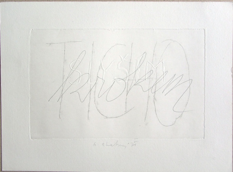 1976, 140×210 mm, reliefní tisk, tužka, papír, Slyším, sig.
