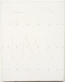 1970, 50×38 cm, plátno, perforace, provázky, akryl, sig., soukr. sb. 27