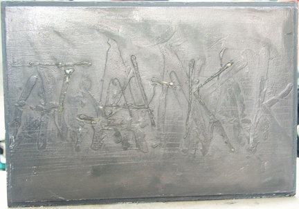 1977, 25,5×41 cm, akronex, sololit, akryl, dřevotříska, Jaxi-taxi, sig.