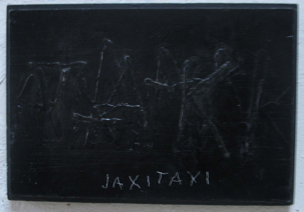 1977, 25,5×41 cm, akronex, sololit, akryl, dřevotříska, Jaxi-taxi, sig. 
