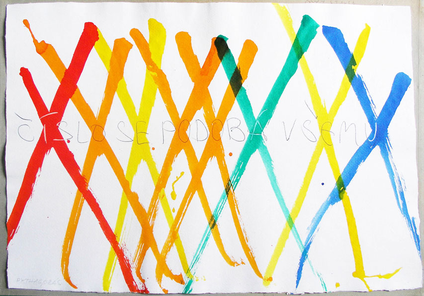 1991, 420×590 mm, tužka, barevné tuše, papír, Pythagorás, sig.