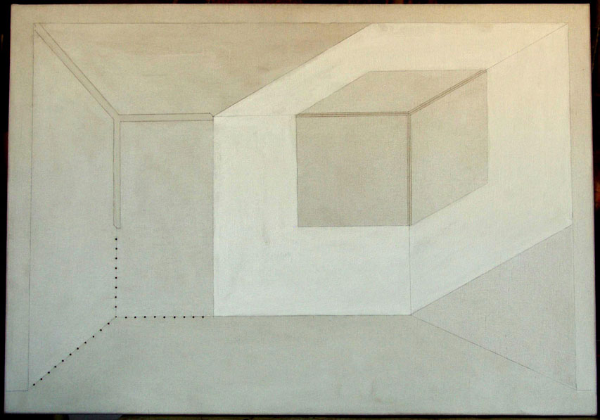 1972, 1996, 35×43 cm, akryl, tužka, plátno, perforactě-korelace proste, Bydlišoru, sig. soukr. sb. 255