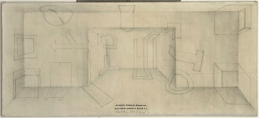 1973, 44,5×98 cm, plátno, akryl, tranzotyp, tužka, Projek tlakové disperze pro Dům umění v Brně, sig., soukr. sb. 87