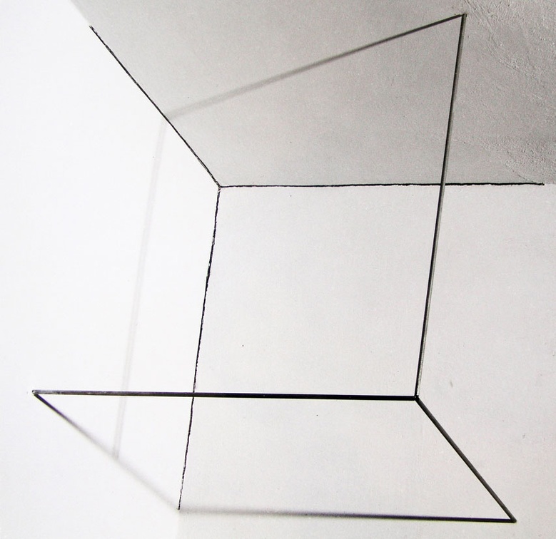 1971-76, 50×50×50 cm, nerez. trubky, tužka, světelný zdroj, Korelace prostoru 2, soukr. sb.275
