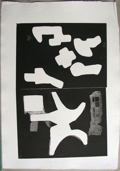 1966, 450×320 mm, reliéfní tisk, tiskařská barva, papír, kolážová grafika, sig.