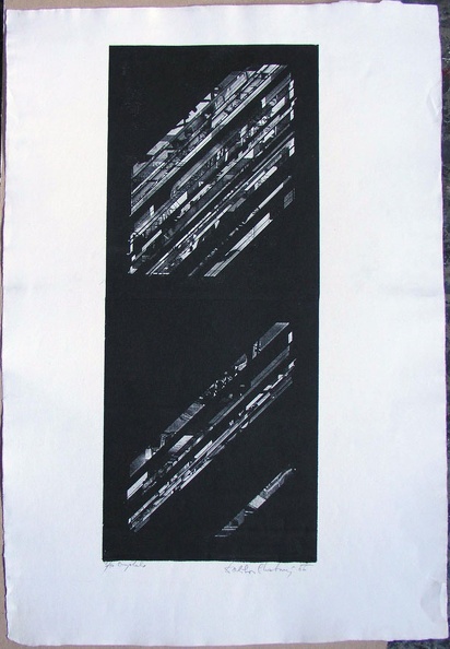 1966, 500×210 mm, reliéfní tisk, tiskařská barva, papír, kolážová grafika, sig.