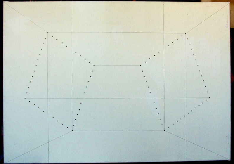 1997, 57×81 cm, plátno, tužka, akryl, perforace, Korelace prostoru, sig.