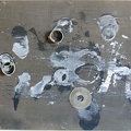 1991, 54×65 cm, sololit, akryl, kov, tužka, Černá překážka, sig.