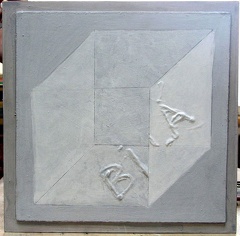 1976, 2002, 43×43 cm, akronex, sololit, akryl, dřevotříska, tužka, Bílá, sig.