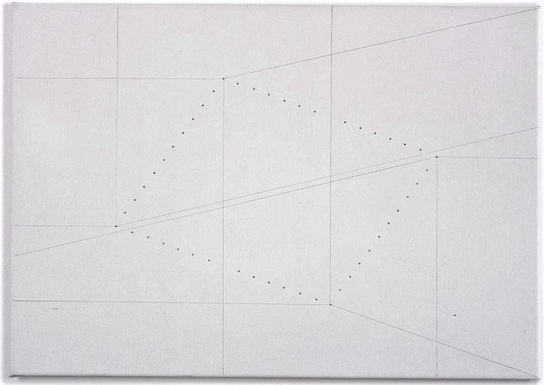 1997, 57×81 cm, plátno, tužka, akryl, perforace, Korelace prostoru, sig., sbírka J.Valocha NG Praha, O  18266